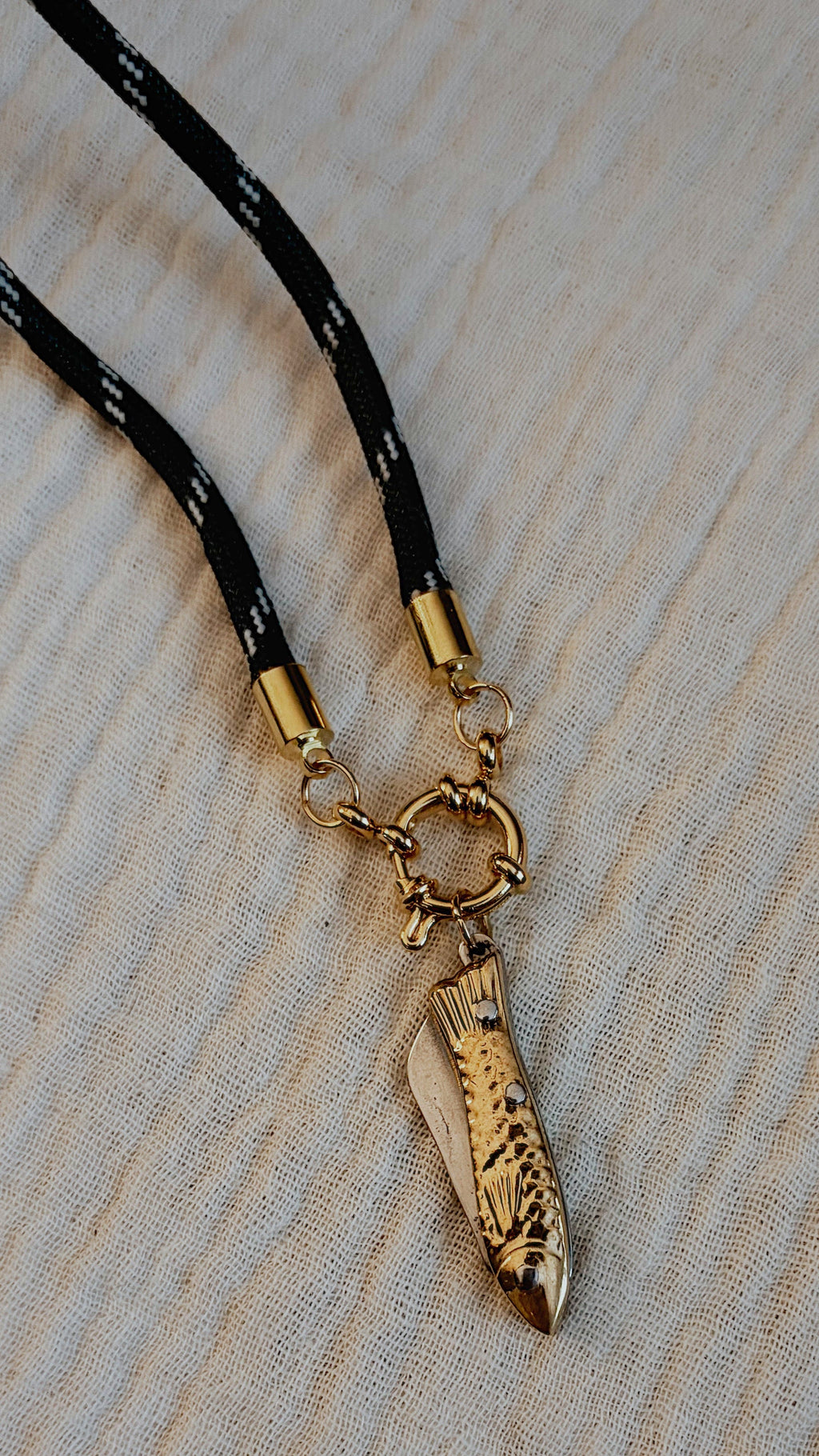 Vintage Dual-tone Fish Knife Necklace, Emerald Cord