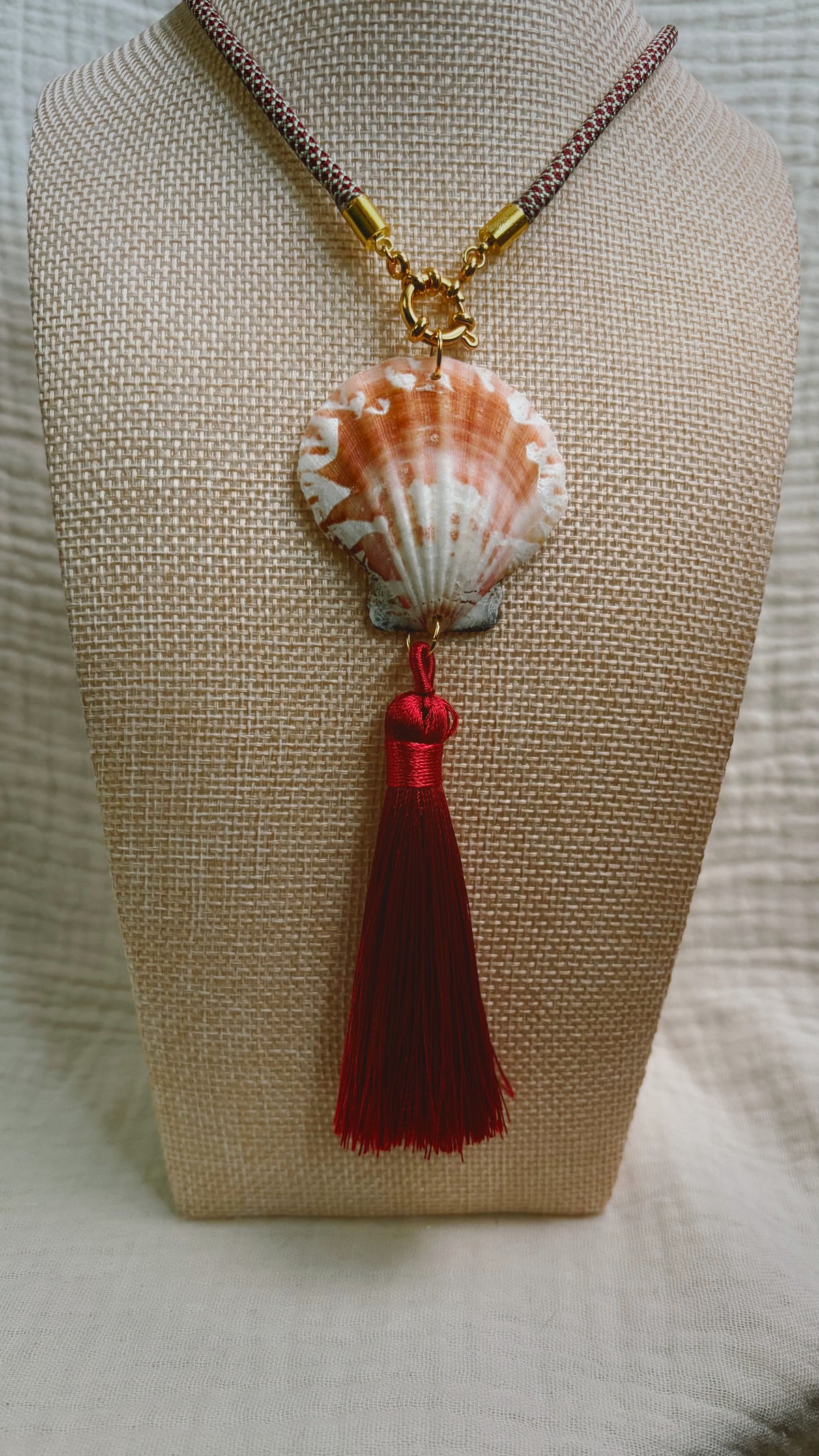 Scallop Shell Tassel Necklace, Burgundy and Mint Cord with Burgundy Tassel