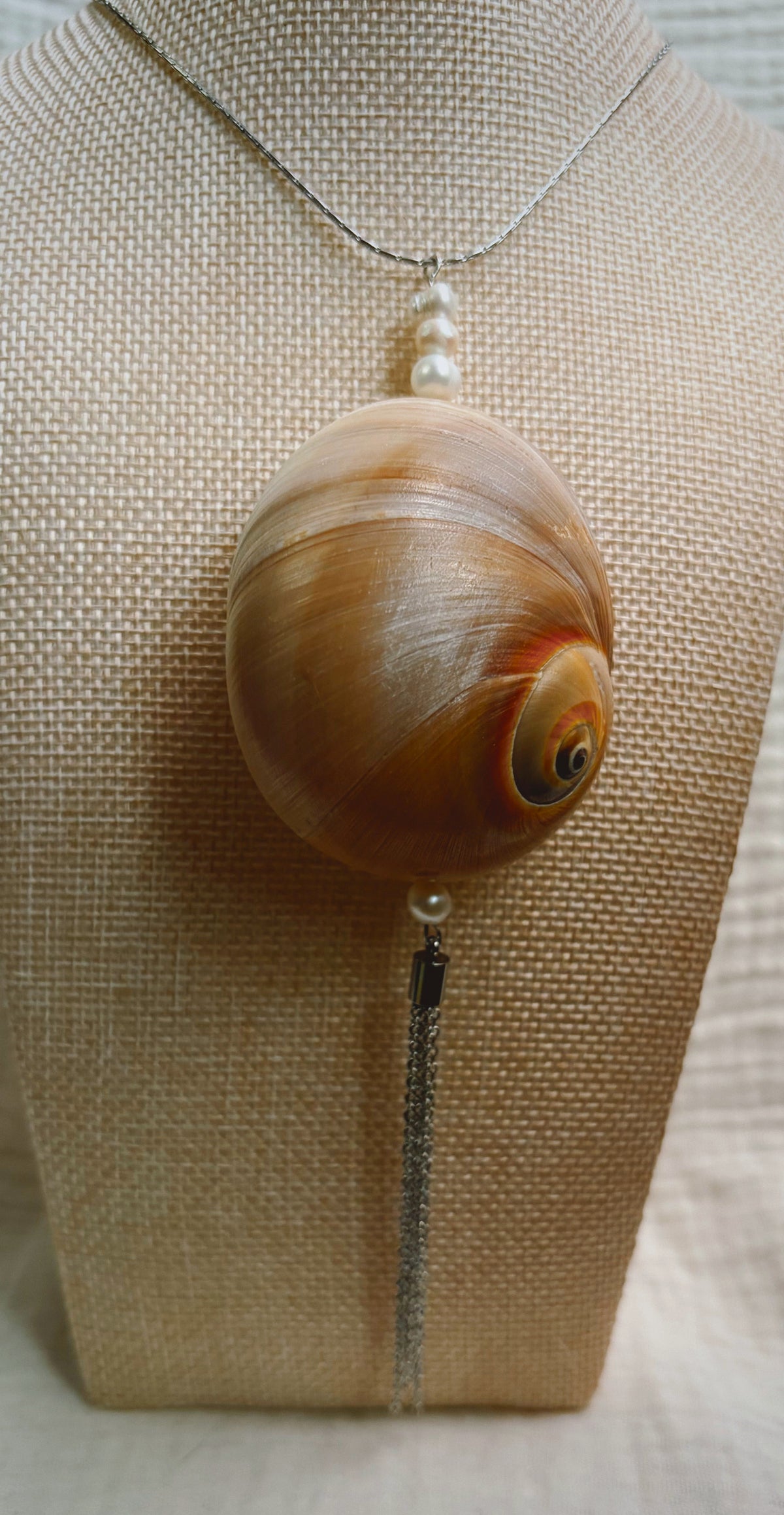 Round spiral shell with pearls and silver metal chain fringe