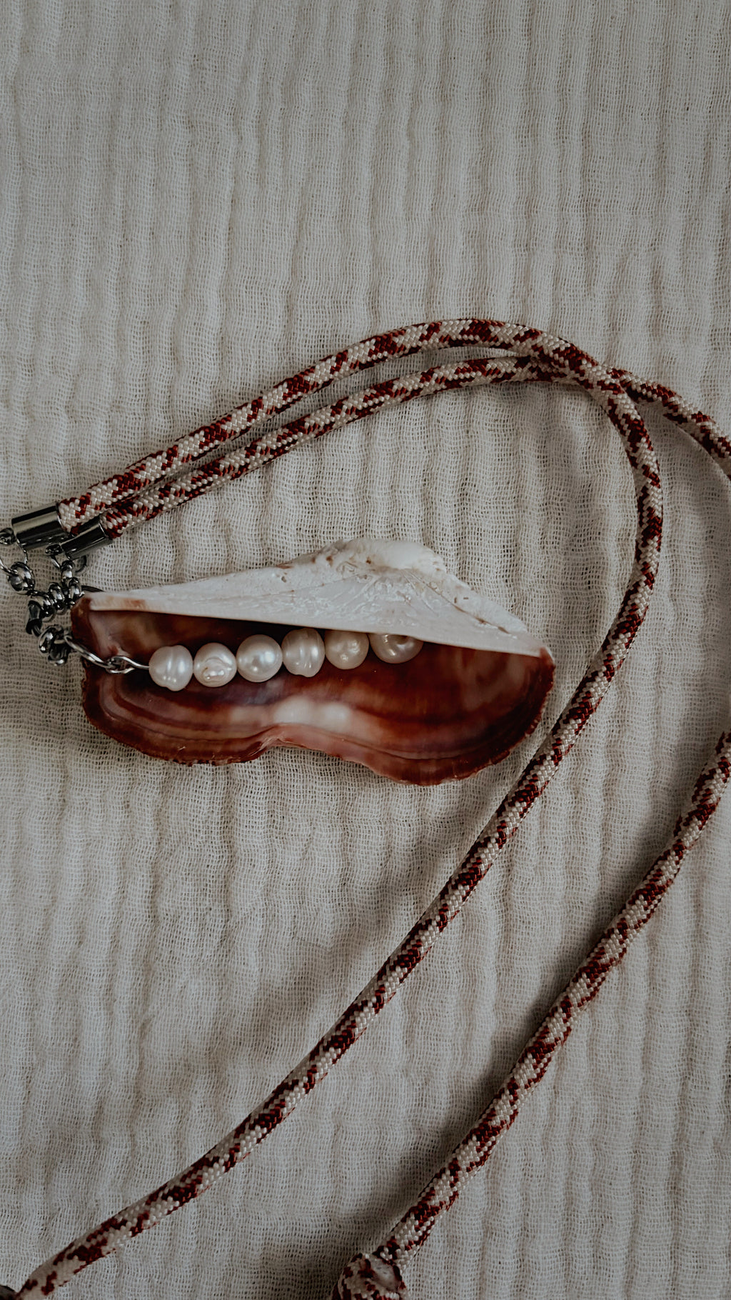 Copper Ark Shell Pearl Necklace, Rust and Cream Cord