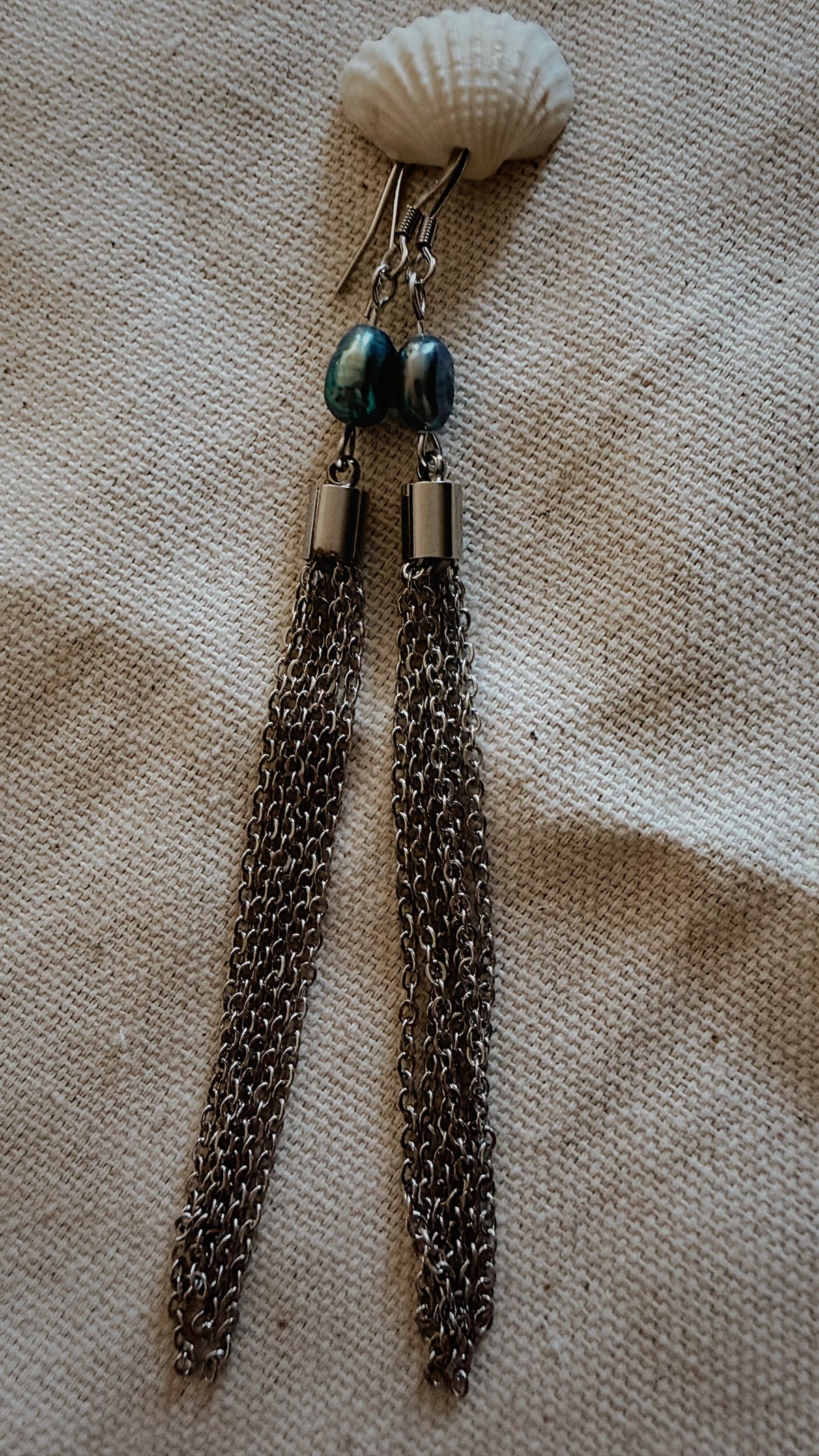 Peacock Pearl Chain Tassel Earrings