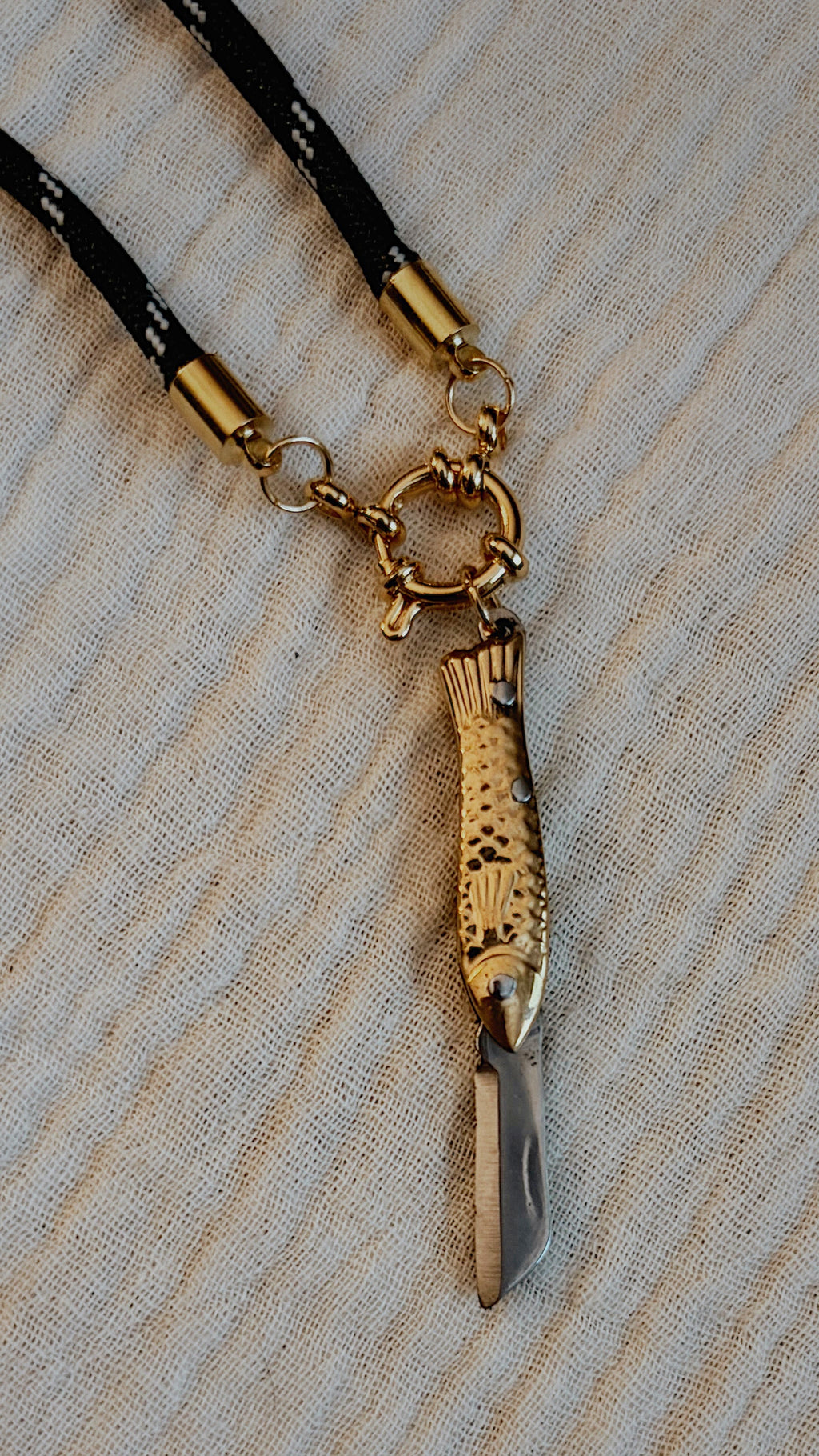 Vintage Dual-tone Fish Knife Necklace, Emerald Cord