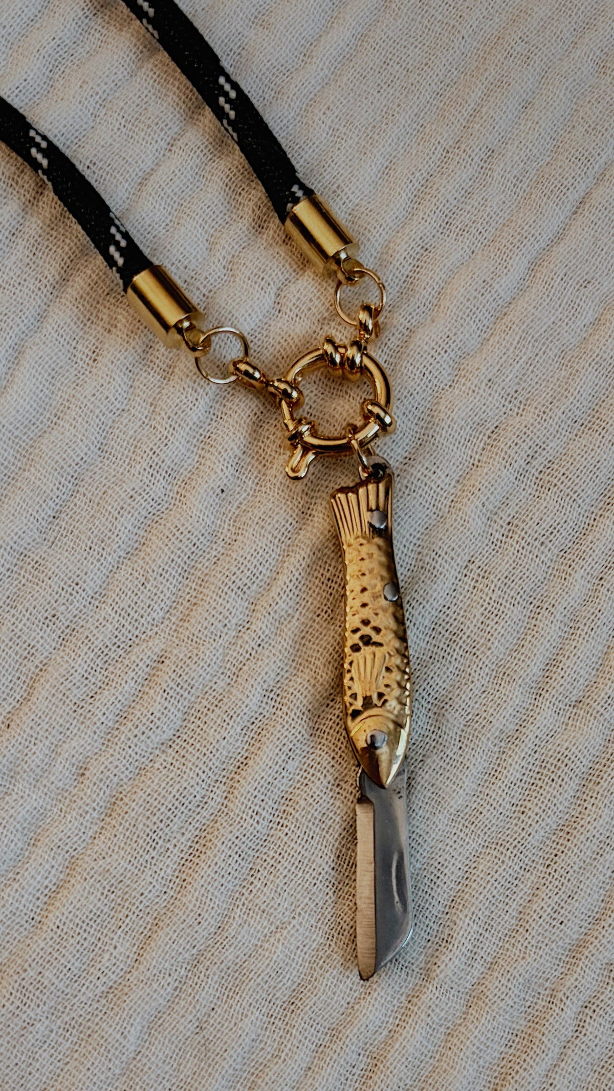 Vintage Dual-tone Fish Knife Necklace, Emerald Cord