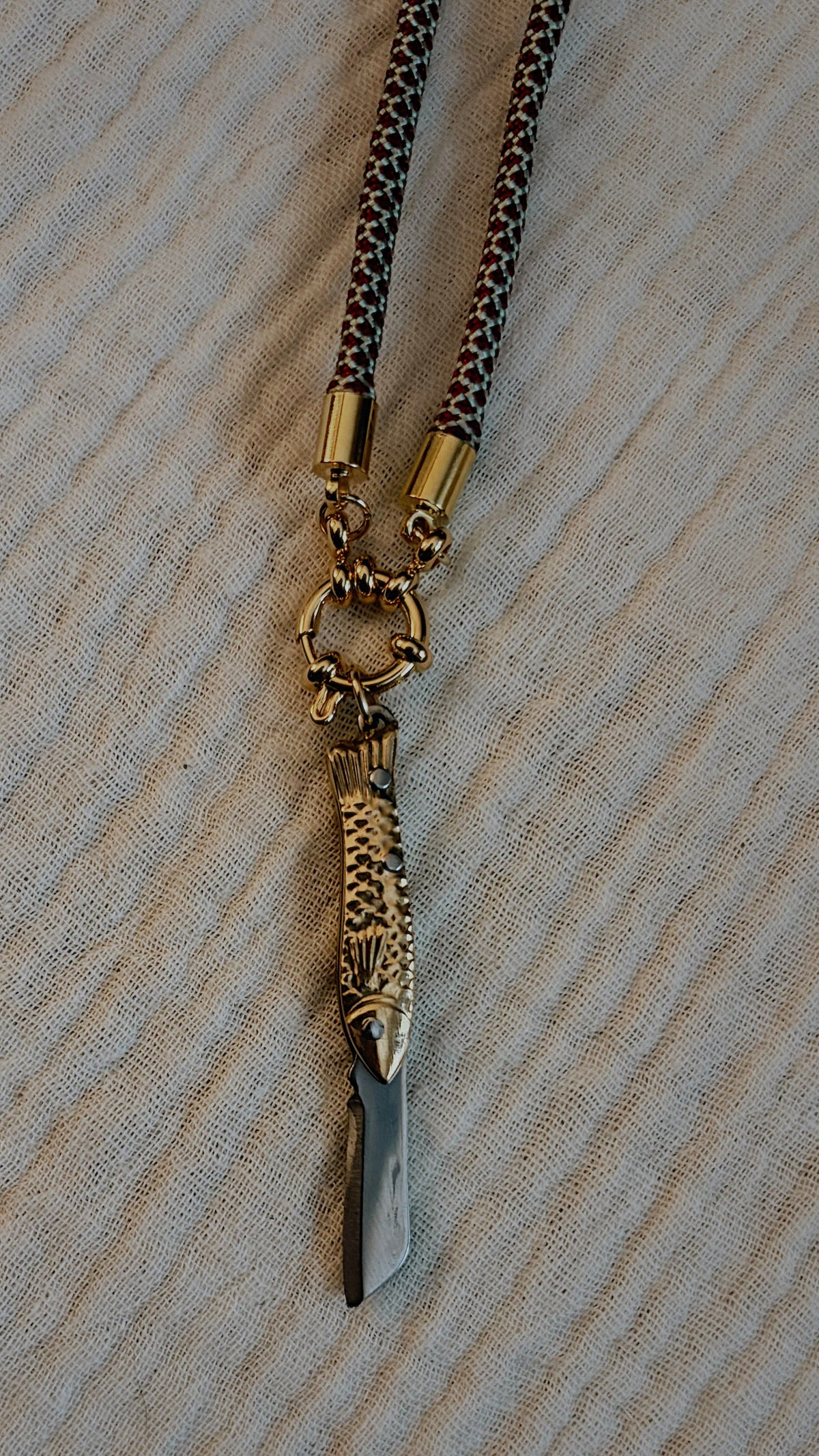 Vintage Dual-tone Fish Knife Necklace, Burgundy and Mint Cord