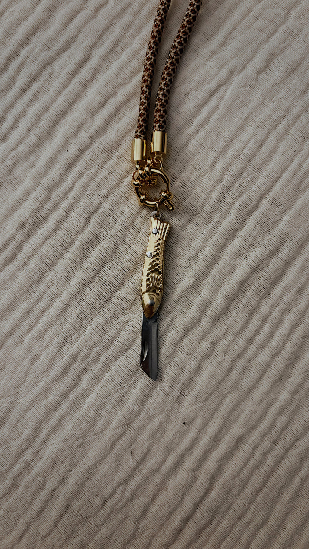 Vintage Dual-tone Fish Knife Necklace, Brown and Cream Cord