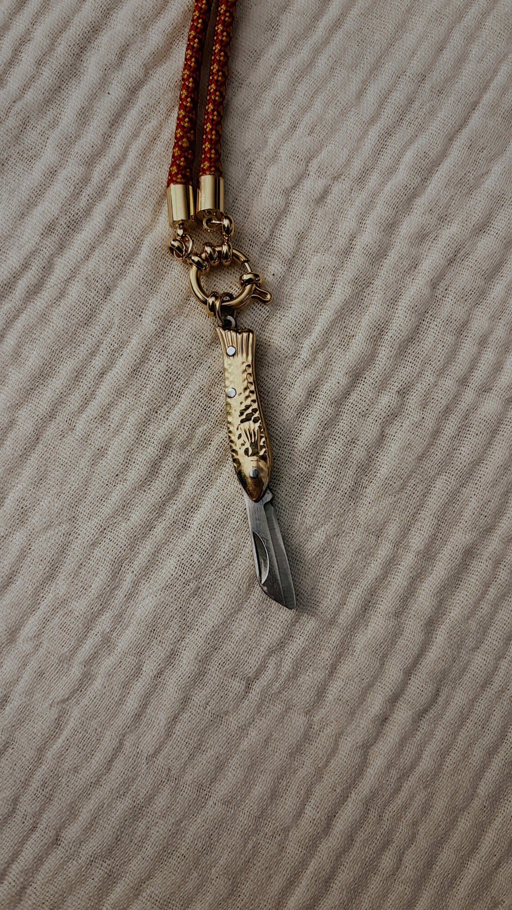 Vintage Dual-tone Fish Knife Necklace, Burgundy and Old Gold Cord
