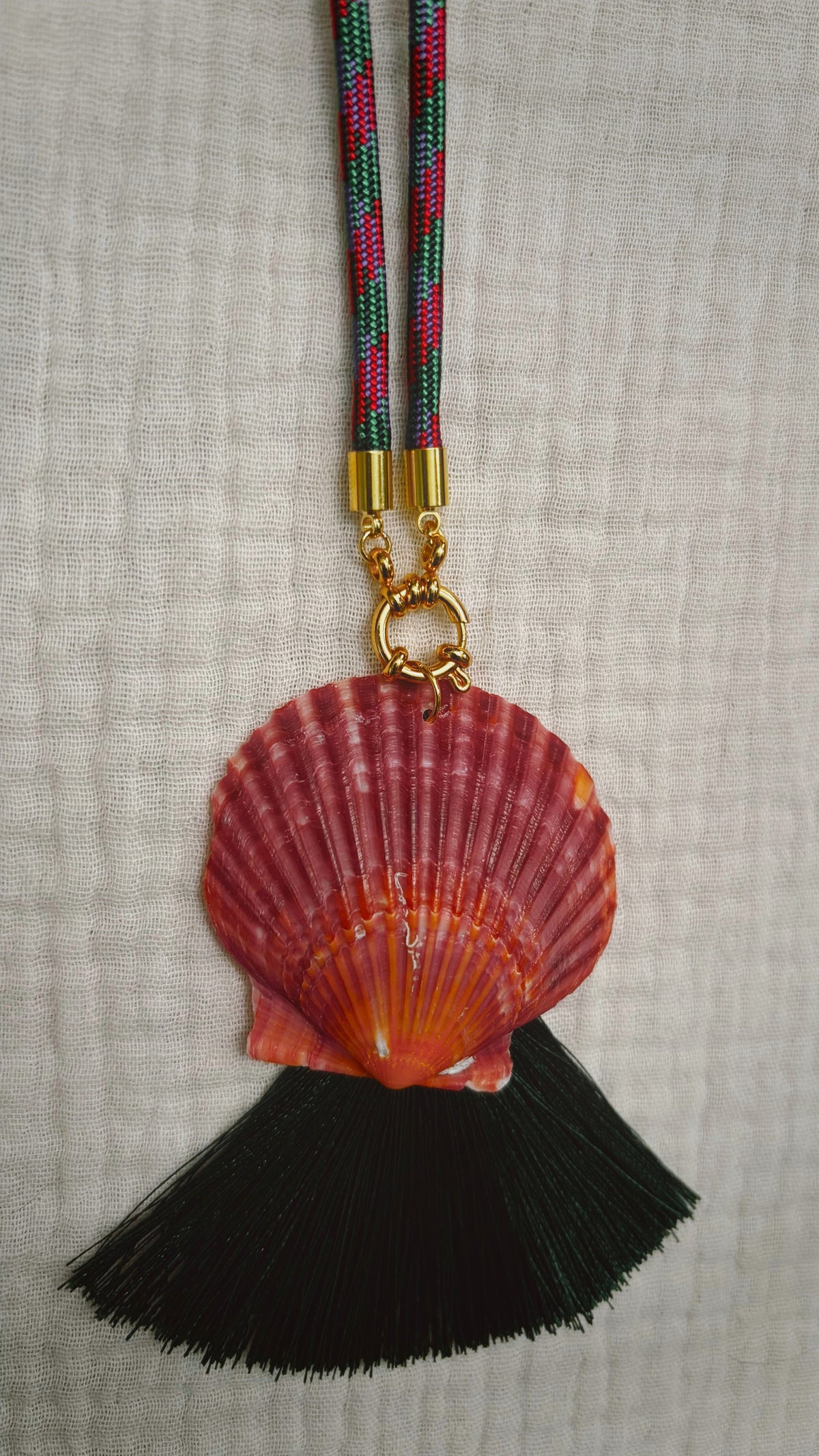 Scallop Shell Tassel Necklace, Multicolored Jewel Tone Color Cord with Emerald Tassel