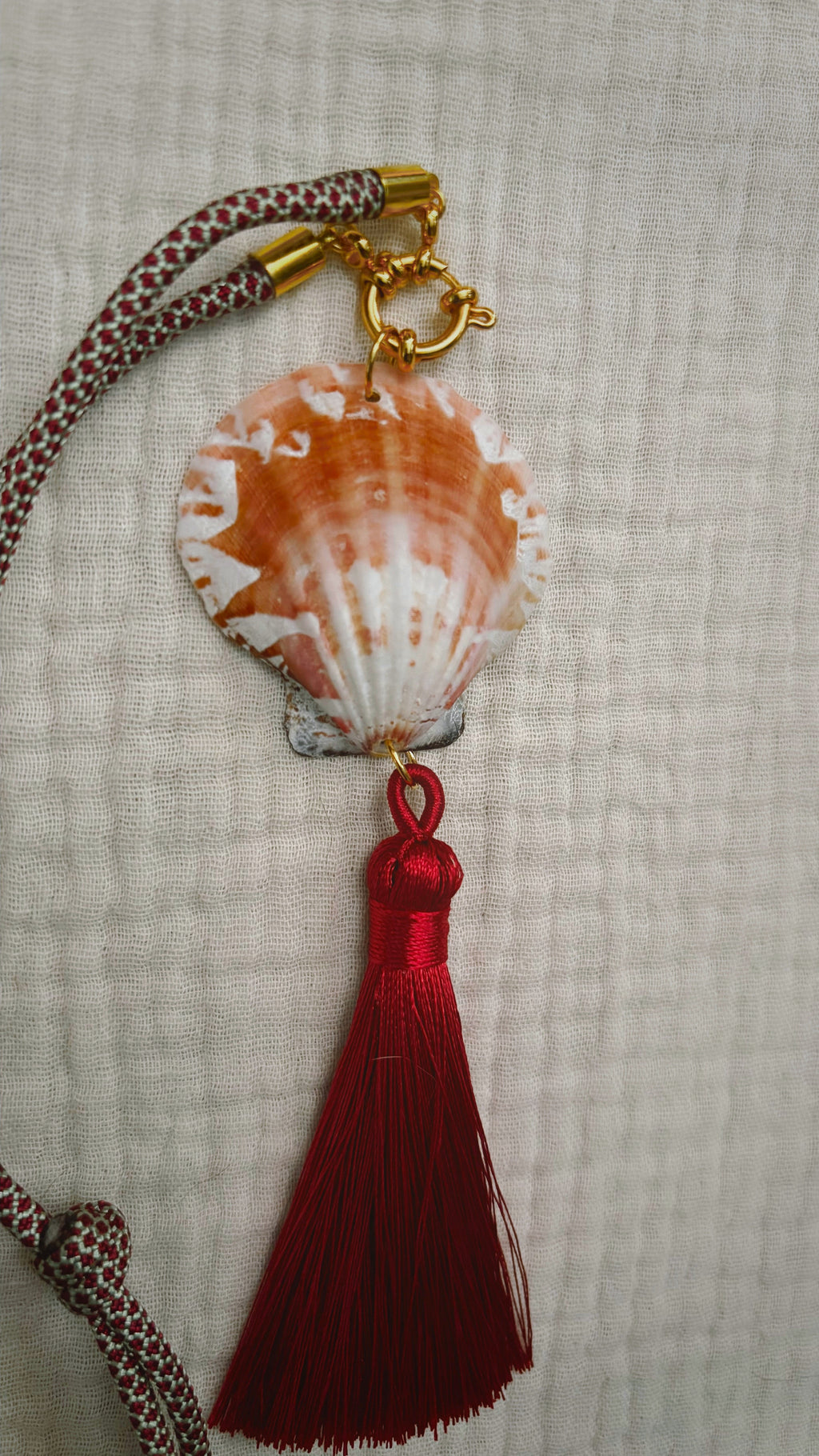 Scallop Shell Tassel Necklace, Burgundy and Mint Cord with Burgundy Tassel