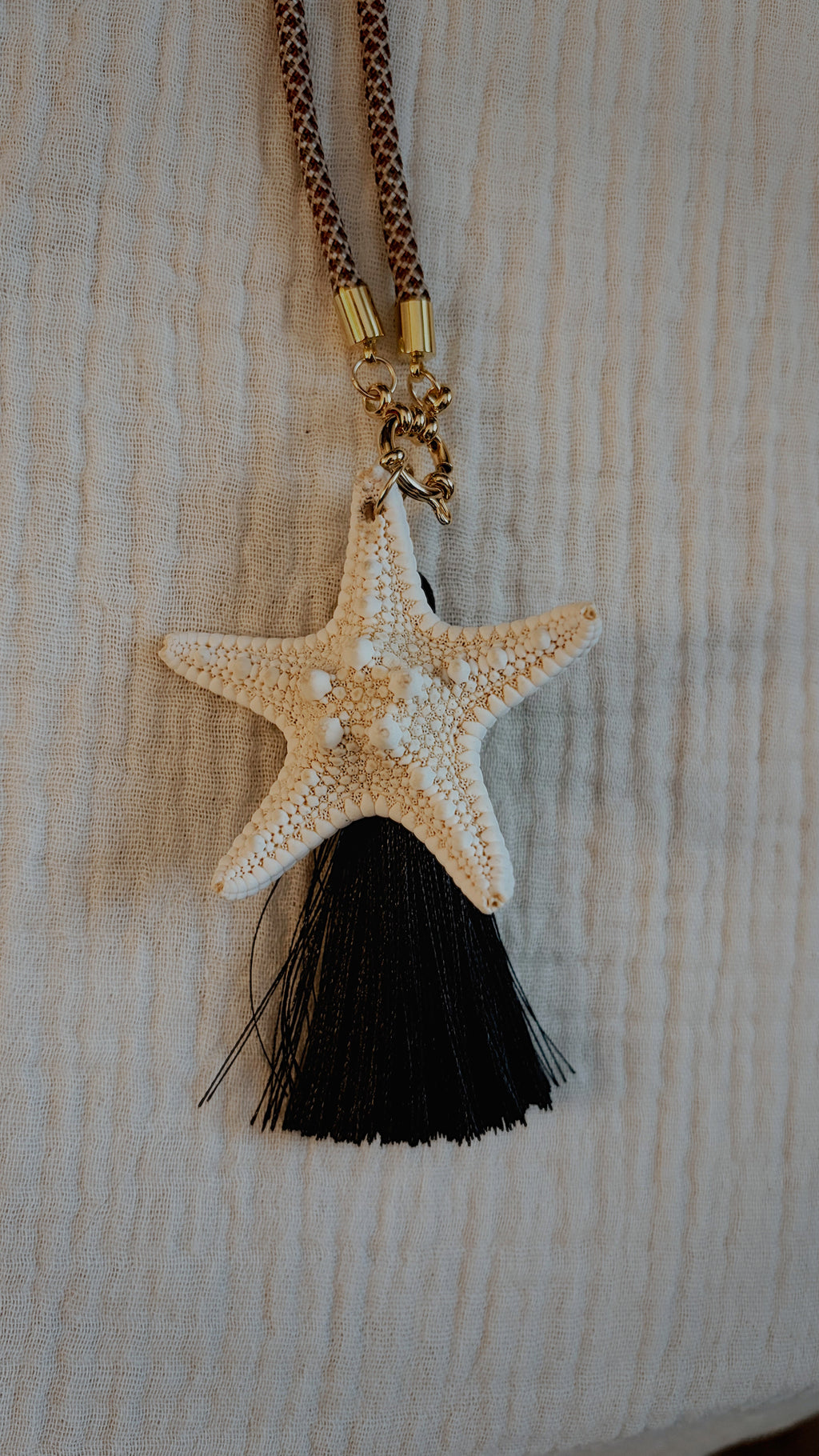 Starfish Tassel Necklace, Brown and Cream Cord with Black Tassel