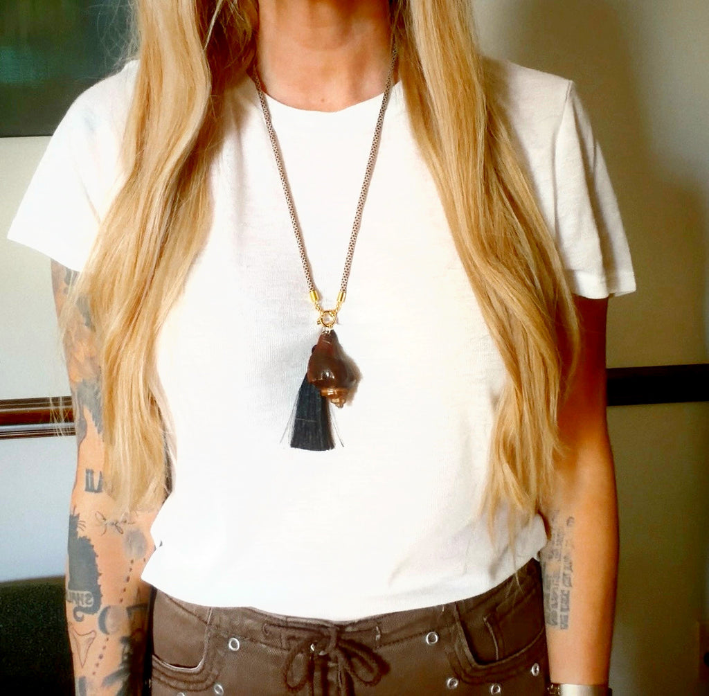 Dark espresso spiral shell necklace with black silk tassel