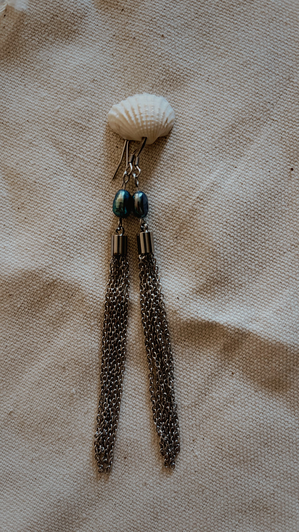 Peacock Pearl Chain Tassel Earrings