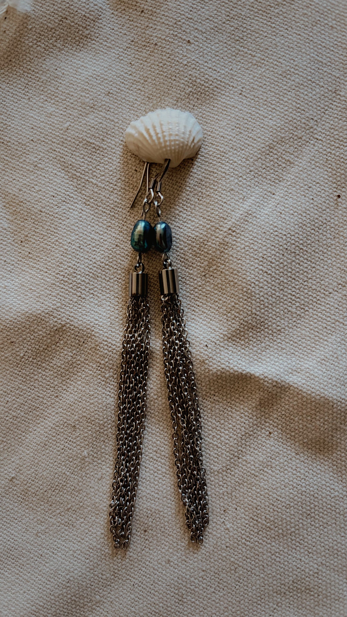 Peacock Pearl Chain Tassel Earrings