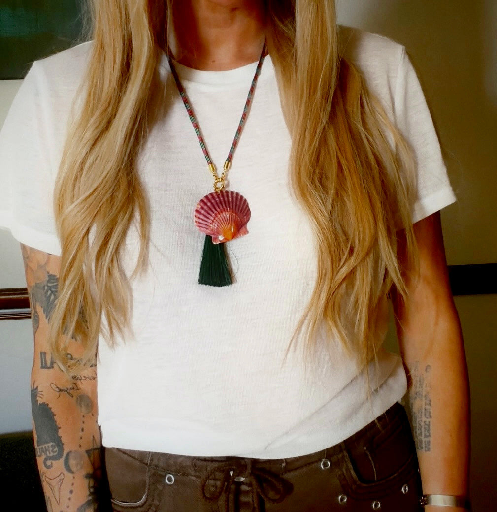Scallop Shell Tassel Necklace, Multicolored Jewel Tone Color Cord with Emerald Tassel