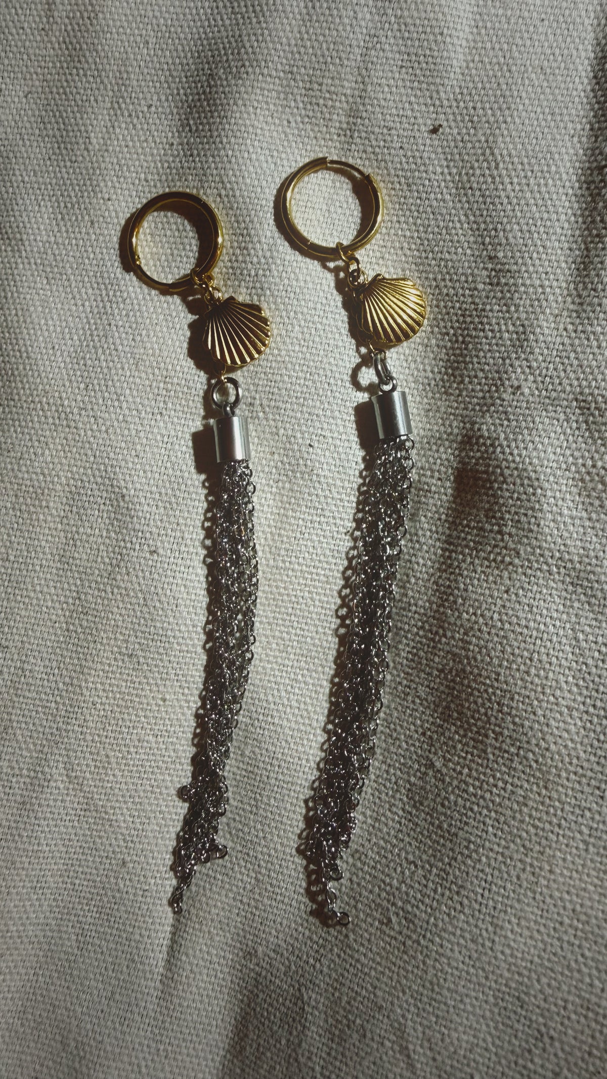 Gold Scallop Shell and Tassel Hoop Earrings