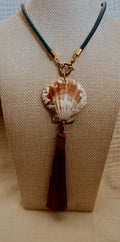 Scallop Shell Tassel Necklace, Burgundy and Teal Cord with Burgundy Tassel