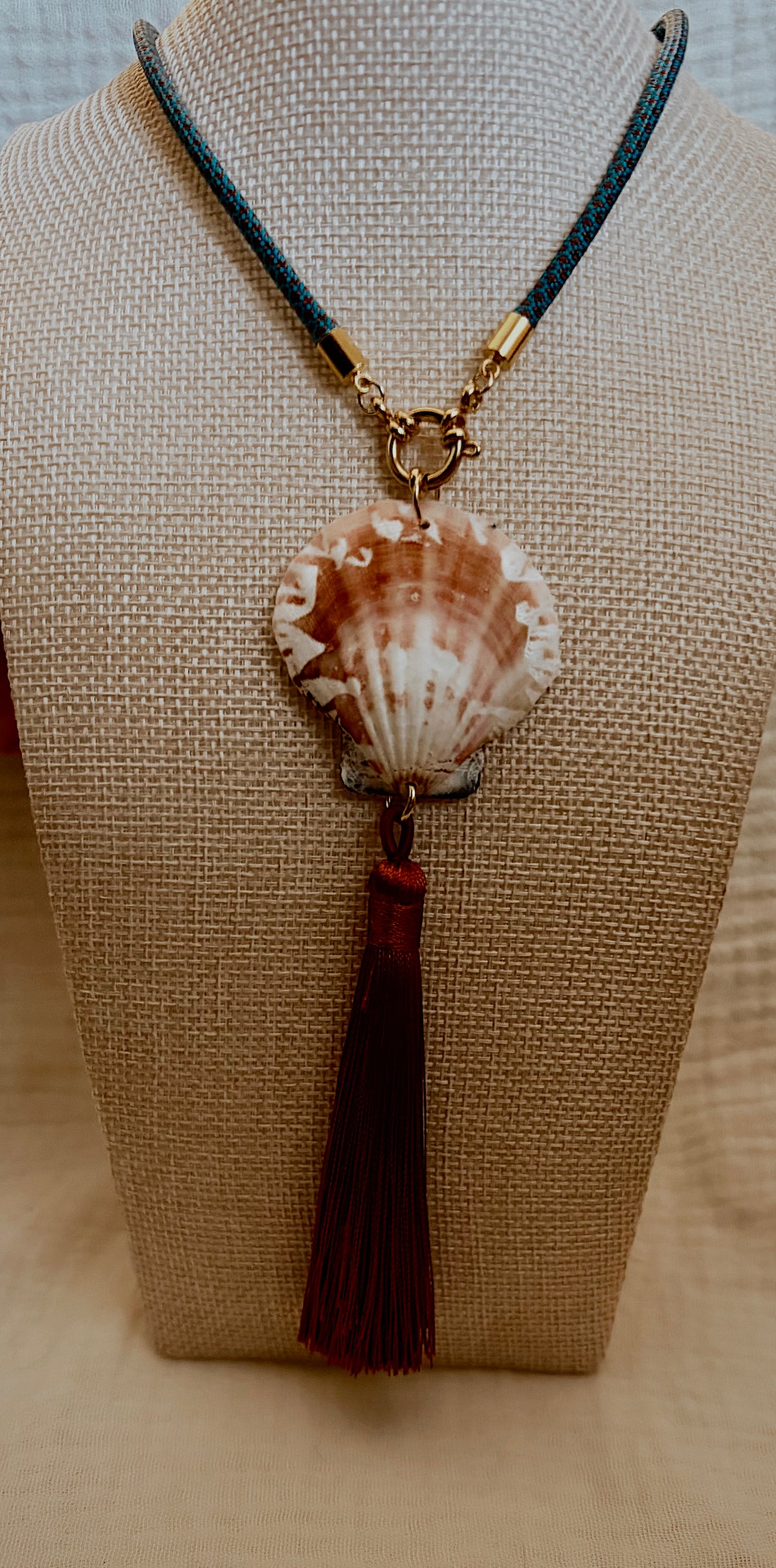 Scallop Shell Tassel Necklace, Burgundy and Teal Cord with Burgundy Tassel