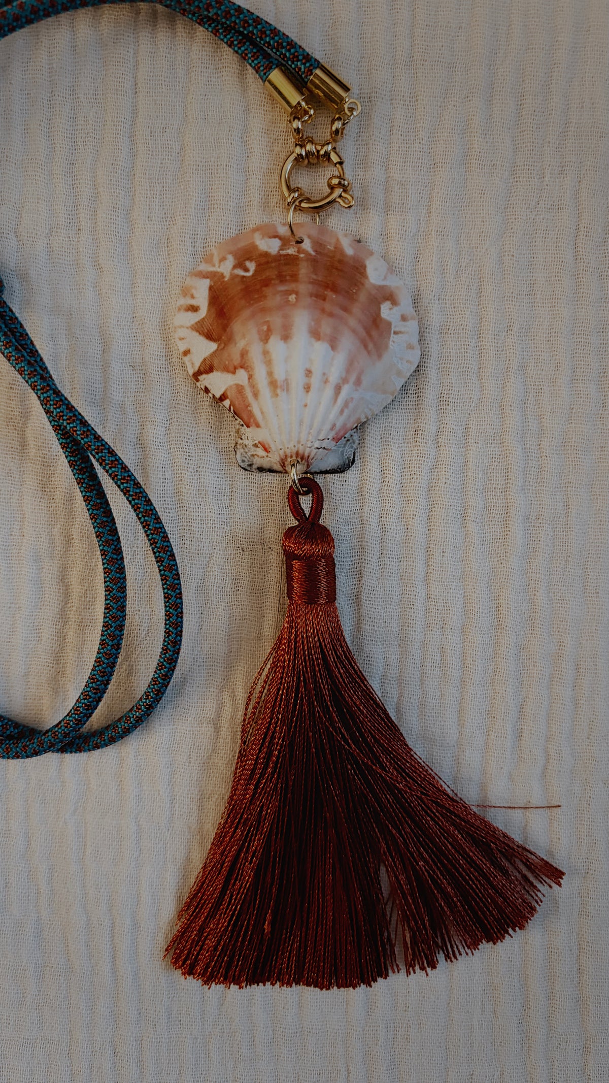 Scallop Shell Tassel Necklace, Burgundy and Teal Cord with Burgundy Tassel