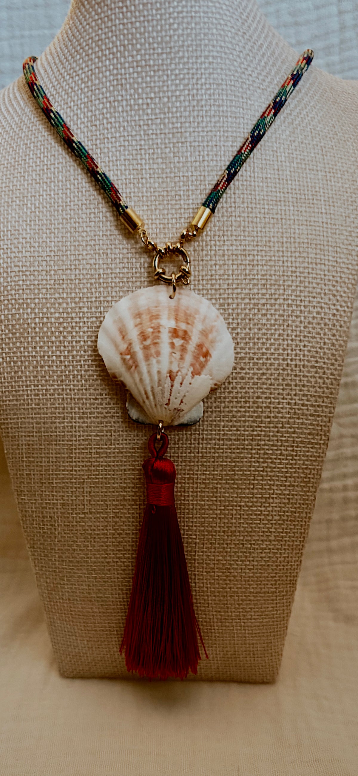 Scallop Shell Tassel Necklace, Multicolored Jewel Tone Cord with Burgundy Tassel