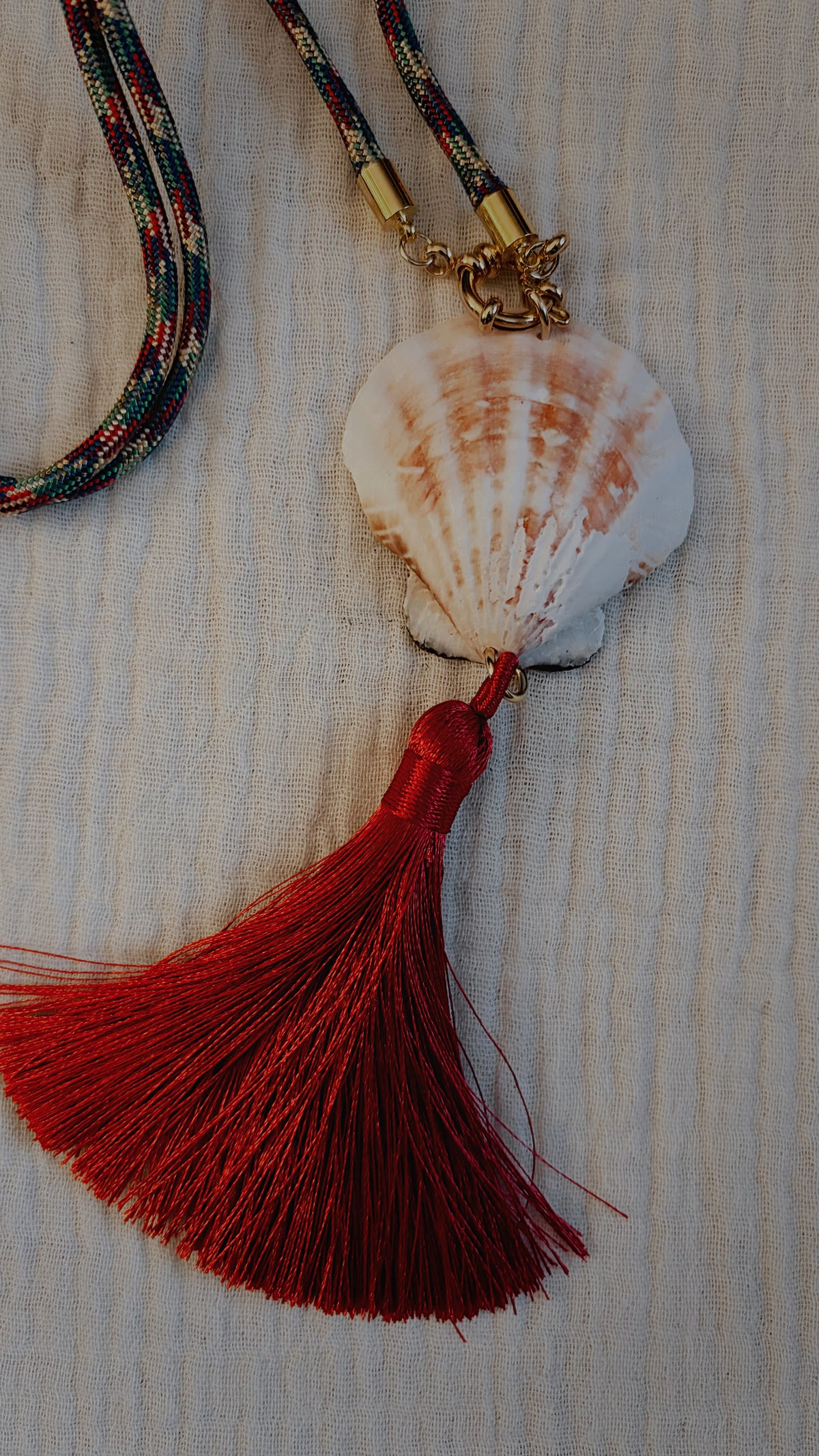 Scallop Shell Tassel Necklace, Multicolored Jewel Tone Cord with Burgundy Tassel