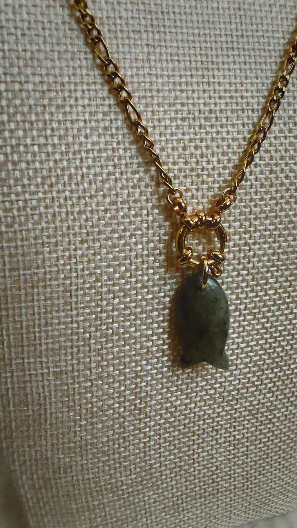 Inaugural Swim Necklace, Jasper Fish and Gold Figaro Chain